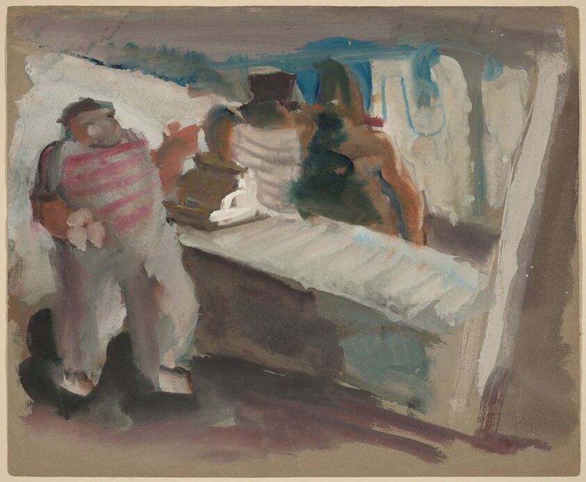 Figure Standing Near a Counter