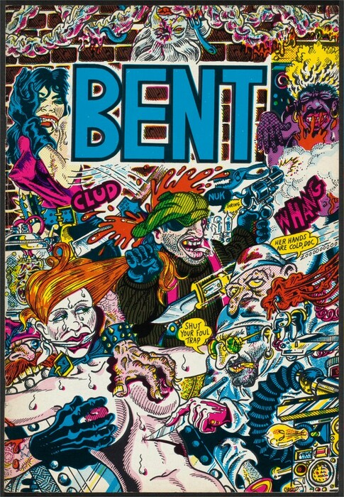 This is a drawing of a chaotic scene with comic-style characters and text. The image features the word "BENT" in large blue letters above a colorful, crowded scene with fantastical and surreal characters. The characters have exaggerated features and are engaged in aggressive actions. There are sound effects like "CLUD" and "WHANG" and speech bubbles with phrases like "SHUT YOUR FOUL TRAP." The scene is brightly colored with various hues and patterns, reminiscent of underground comics.