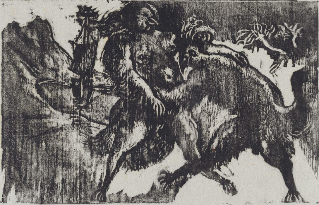 This is a painting depicting surreal forms of animals and mythological creatures. The central figures include a humanoid shape blending into a beast-like form, potentially a bull, standing on two legs. The figure has a distorted face merging human and animal features. In the background, there are shapes resembling barren trees or abstract forms. The painting uses black and white, creating dramatic contrasts and a tense mood. The style is reminiscent of Francisco Goya, known for dark, intense works exploring the grotesque and surreal.