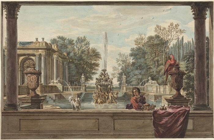 The image depicts a view through a stone frame into an ornate garden scene. Two large columns stand on either side, with detailed urns atop pedestals beside each column. A red parrot perches on the urn to the right. A figure reclines on the stone ledge, gazing towards the garden. The garden features an elaborate fountain with sculpted figures and water jets. Lush green trees provide a backdrop, with a majestic building to the left. The color palette includes earthy browns, deep greens, sky blues, red, and purple tones.