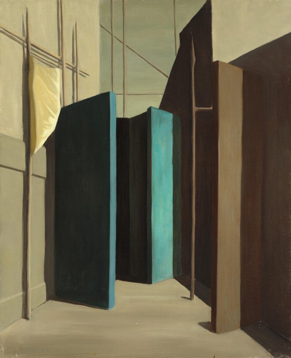 This painting features a composition of vertical and diagonal shapes and lines in a structured arrangement. The abstract design resembles a series of standing walls or panels, with some pieces painted in shades of teal and brown, and the rest in gray, cream, and seafoam green. The tall vertical rectangles cast dark shadows onto the gray ground below. A pale-yellow object resembling a flag or cloth hangs to the left, connected to the ground by slender poles.