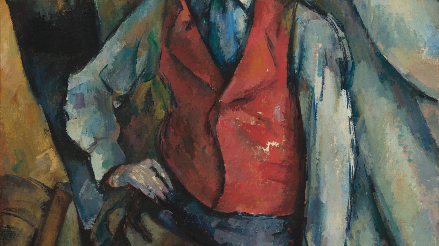 Shown from the thighs up, a boy wearing a crimson-red waistcoat stands against swags of fabric painted with visible strokes in white, sky blue, harvest yellow, and sage green in this loosely painted, vertical portrait. Painted with choppy brushstrokes, the boy has pale, ivory-white skin, blushing pink cheeks, pursed lips, faint eyebrows, and topaz-blue eyes that gaze down to our right. His shoulder-length, dark brown hair is tucked behind one ear under a brown wide-brimmed hat. His red waistcoat is worn over a long-sleeved, slate-blue shirt. The collar of his skirt is slightly flipped up on his right side, to our left, and a swipe of cobalt blue suggests a tie or scarf between the lapels. A band of sapphire blue could be a belt above olive-green trousers, and dashes of navy blue create shadows. His right hand, to our left, is planted on that hip. The other arm hangs straight and loose by his side, those fingertips almost brushing the bottom edge of the canvas. The boy’s body is outlined in dark blue. The drapery behind him falls in folds that sweep gently to our right. The background is painted with patches and swipes of cool blues and greens, and pale golden yellow. One swag of the drapery, over the shoulder to our left, is painted with a loose pattern suggesting leaves. One back post and a sliver of the curving back of a wooden chair peeks into the composition in the lower left corner.