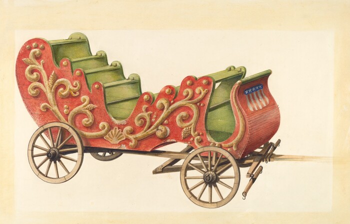 The image shows a colorful, intricately designed cart with large red sides adorned with golden patterns and green seating areas inside. The color palette includes reds, greens, golds, wood tones, blues, and beige. The cart is positioned centrally, facing to the right, and displays detailed patterns and its structure. The wheels are near the bottom, with the cart extending upwards and slightly to the right.