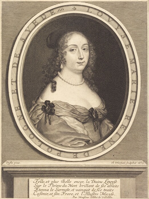 The image shows a portrait of a woman depicted from the waist up. She is positioned facing slightly to the right, with her gaze directed towards the viewer. Her facial features include a rounded face, soft expression, and a small closed smile, with curly and voluminous hair styled elegantly, parted in the middle and decorated with a simple pearl earring dangling from her visible ear. She is adorned in a luxurious garment that drapes around her shoulders, featuring bows and layers that suggest opulence and sophistication. A single strand pearl necklace accentuates her neckline. The background is a finely detailed oval frame surrounding the portrait, set against a darker shaded area, featuring inscriptions within the inner circular border and additional text below.
