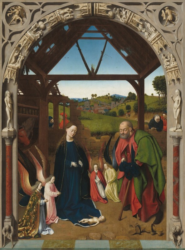 A man, woman, and four winged angels gather and kneel around a nude infant lying on the ground under a stone arched opening set in front of a landscape in this vertical painting. All of the people have pale white or lightly tanned skin. To our left, the woman wears gold-edged, royal-blue robes and has long, curly brown hair. The baby lies on the hem of her robe, his body facing her. An older, balding and bearded man kneels to the right, leaning on a walking stick. He wears a red garment under a green robe, and he holds a hat in his hands as he gazes at the baby. About a third the size of the man and woman, two of the angels kneel between the man and woman and another pair kneel to our left of the woman, seeming close to us. The angels wear colorful gold, pink, red, or yellow robes and all have long wavy blond hair. Their hands touch in prayer and all look down toward the baby. The people are sheltered in front of a crumbling stone wall under a wooden structure. To our left, a cow and donkey are penned in a stable. Two pairs of men stand near or lean on the other side of the rock wall that encloses the scene. A landscape with green rolling hills and a distant town with towers and buildings fills the background beneath a clear blue sky. A triangular structure made of wood beams is framed within the carved archway, which seems to separate us from the space of the painting. The face of the arch looks like it is carved with a nude man atop a column to the left and a similar woman to the right, and with miniature scenes stacked on tiny platforms curving upward to the apex of the arch.