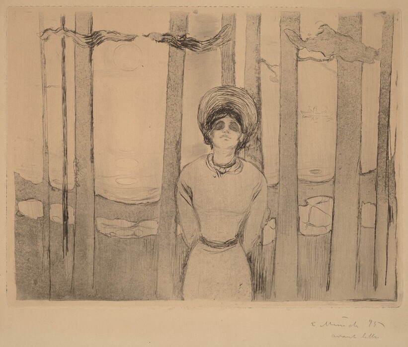 The image shows a person standing, seen from the knees up. The person is centered, facing forward with their head slightly tilted upward. The facial features are not detailed, and the hair is dark and blending into the background. They are wearing a long-sleeved dress with a high neckline, and their hands are in front of them. In the background, there are tree trunks, abstract shapes, and a circular shape above the horizon. The background has a textured appearance. The artwork is monochromatic and appears to be a graphite or charcoal sketch.