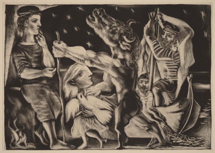 Blind Minotaur Led by Marie-Thérèse with a Dove in a Starry Night (Minotaure aveugle guidé par Marie-Thérèse au pigeon dans une nuit étoilée)