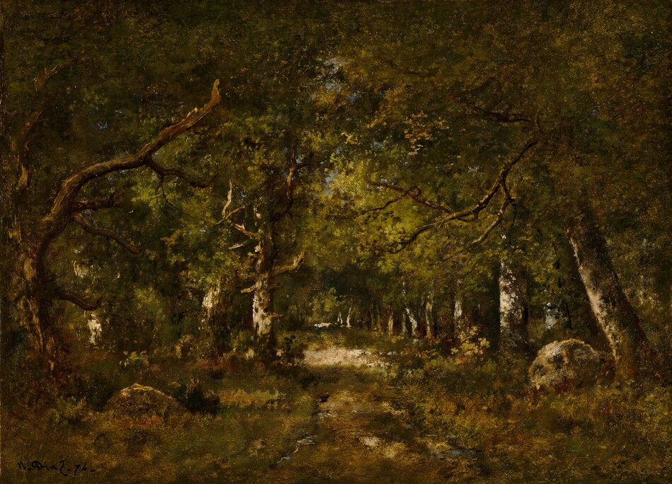 The painting depicts a forest floor under tall trees, with a grassy path leading into the distance. The sky is obscured by dense green foliage and tree limbs. Rocks and shrubs are visible on the ground, and the forest stretches into the distance. The trees are dark brown, with patches of white suggesting dappled light coming in through the branches above. The leaves and ground are mostly dark green, with some patches of brown, lighter green, and yellow.