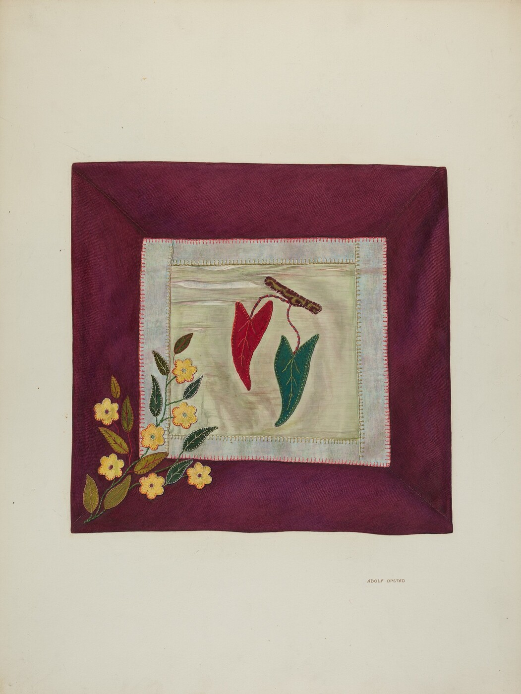 The image displays a textile square with a dark purple border and a light cream inner square. There are decorative elements on the cream panel, including two stylized leaf-like shapes (one red and one green) and a textured stick-like element above them. A branch with yellow flowers extends from the bottom left corner onto both the cream and purple sections. The color palette consists of deep purple, cream, red, green, and yellow. The red and green leaves are centered on the inner square, while the yellow flowers and their stem angle diagonally from the lower left corner towards the center in the layout.