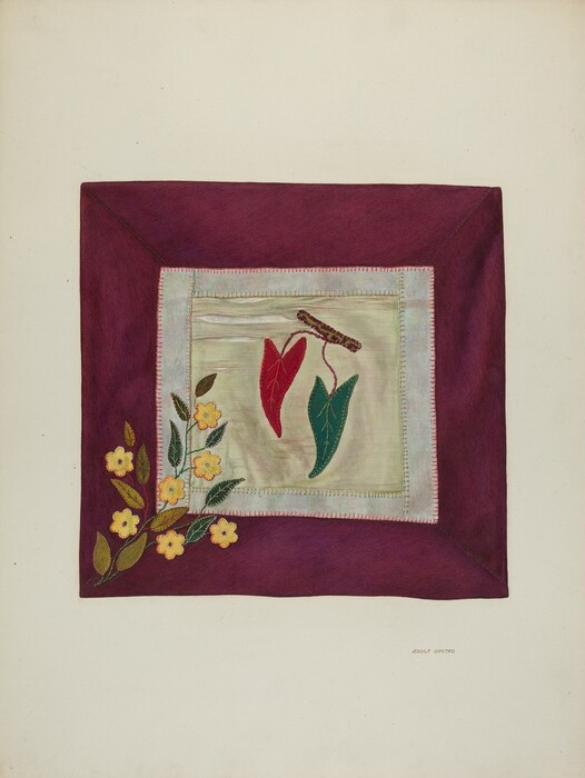 The image displays a textile square with a dark purple border and a light cream inner square. There are decorative elements on the cream panel, including two stylized leaf-like shapes (one red and one green) and a textured stick-like element above them. A branch with yellow flowers extends from the bottom left corner onto both the cream and purple sections. The color palette consists of deep purple, cream, red, green, and yellow. The red and green leaves are centered on the inner square, while the yellow flowers and their stem angle diagonally from the lower left corner towards the center in the layout.
