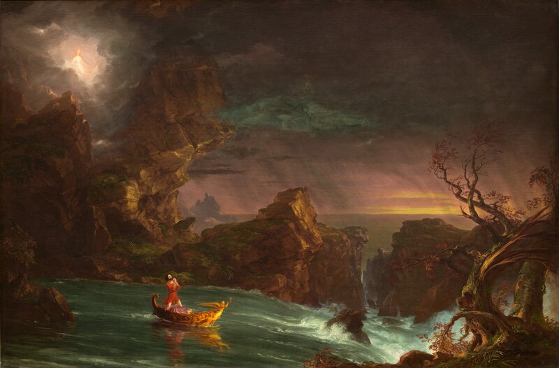 A man looks up as he kneels with his hands clasped in prayer in a small golden boat on a river that rushes toward craggy rocks in this horizontal landscape painting. The man has pale skin, dark brown hair and beard, and he wears a crimson-red tunic. A winged figurehead at the front of the gold boat holds up an hourglass. The boat sails to our right, away from calm waters to the left toward whitewater rapids along the right edge of the composition. A ridge of tall, jagged, moss-covered rock lines the water’s edge to our left and another channels the water on the opposite side of the river. Closest to us, a barren, blasted tree twists up from the lower right corner. The river passes off the right edge of the canvas, and calm waters beyond extend into the distance. The horizon line comes just under halfway up the composition. Bands of golden yellow break through the deep mauve-pink sky near the horizon line to our right. Diagonal plum-purple streaks suggest falling rain in the distance. A white glow in the upper left corner emanates around a person with long, reddish-blond hair and pale skin, who looks down at the man in the boat. That person wears a white garment and a golden star shines at the forehead. Smudges of fog blue in the sky above the man first read as clouds but upon closer inspection, the cloud-like forms contain the faces of three bearded men.