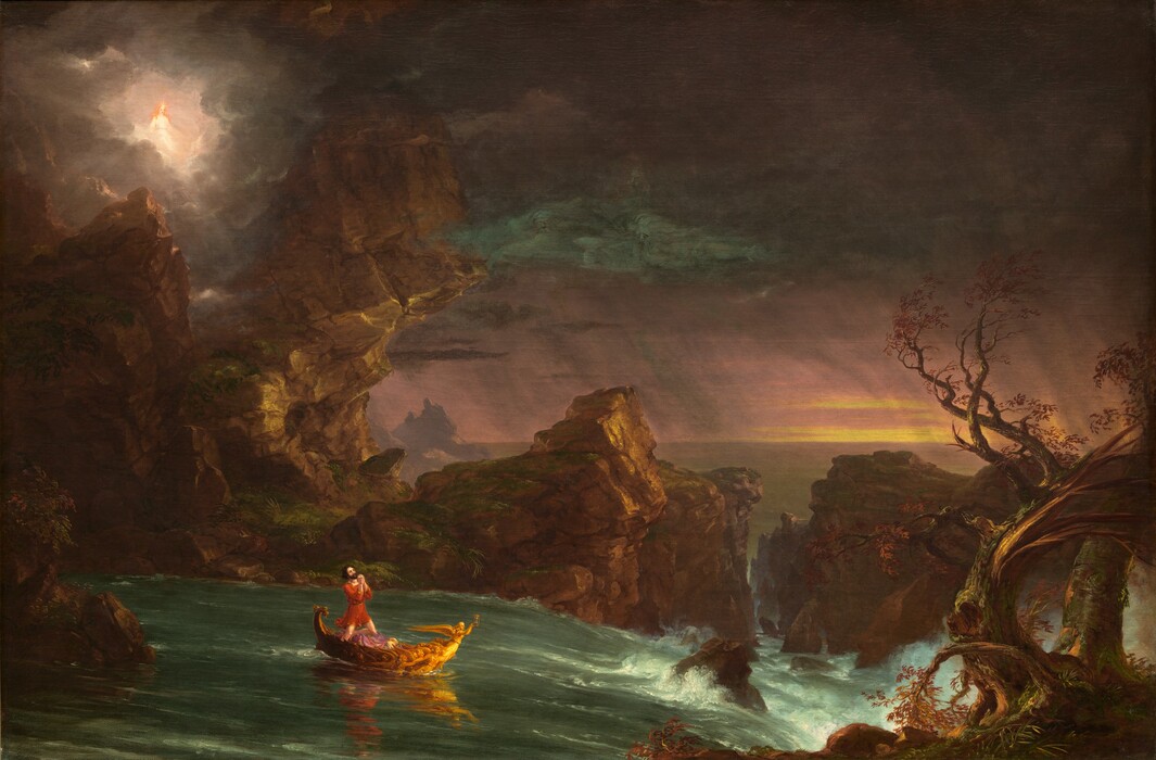 A man looks up as he kneels with his hands clasped in prayer in a small golden boat on a river that rushes toward craggy rocks in this horizontal landscape painting. The man has pale skin, dark brown hair and beard, and he wears a crimson-red tunic. A winged figurehead at the front of the gold boat holds up an hourglass. The boat sails to our right, away from calm waters to the left toward whitewater rapids along the right edge of the composition. A ridge of tall, jagged, moss-covered rock lines the water’s edge to our left and another channels the water on the opposite side of the river. Closest to us, a barren, blasted tree twists up from the lower right corner. The river passes off the right edge of the canvas, and calm waters beyond extend into the distance. The horizon line comes just under halfway up the composition. Bands of golden yellow break through the deep mauve-pink sky near the horizon line to our right. Diagonal plum-purple streaks suggest falling rain in the distance. A white glow in the upper left corner emanates around a person with long, reddish-blond hair and pale skin, who looks down at the man in the boat. That person wears a white garment and a golden star shines at the forehead. Smudges of fog blue in the sky above the man first read as clouds but upon closer inspection, the cloud-like forms contain the faces of three bearded men.