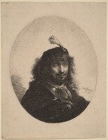 Self-Portrait (?) with Plumed Cap and Lowered Sabre, Rembrandt van Rijn, 1634