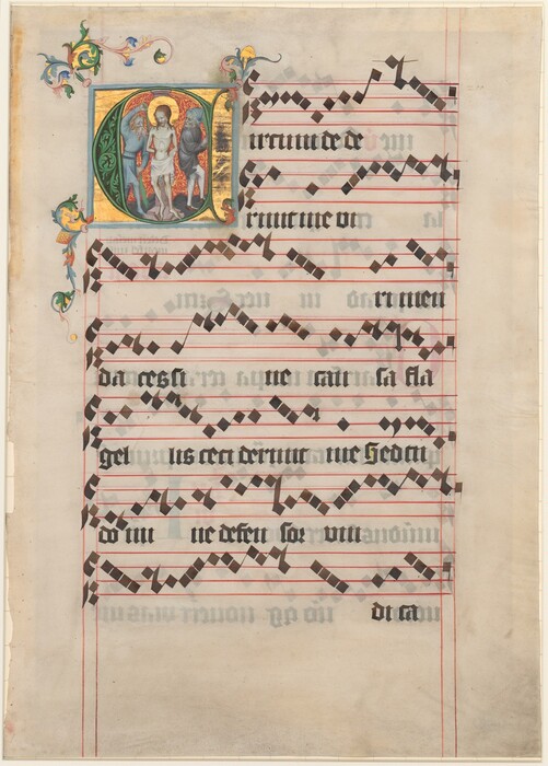 This is a painting of a medieval illuminated manuscript page that includes musical notation and an ornate illustration. The manuscript page features a detailed initial "C" that illustrates a biblical scene in vibrant colors, with a gold background. Surrounding the initial is elaborate floral and vine decoration in a range of colors, extending into the margin. Below this, there are lines of neumes—an early form of musical notation—written in bold black ink on red lines, with the text in the same style. The page has a sophisticated yet delicate appearance, showcasing the artistry and craftsmanship typical of illuminated manuscripts from the medieval period.