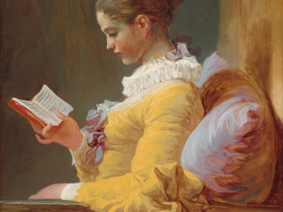 Shown from the lap up, a young woman with pale skin, wearing a goldenrod-yellow dress, sits reading a small book, facing our left in profile in this vertical painting. The deep, scooped neckline of her rich yellow gown is edged with lace and decorated with a mauve-purple bow at the bust. Her chest is covered by sheer white fabric under a ruffled, pleated collar. The ruff is tied at the back with another mauve bow, and a ribbon of the same color ties up her chestnut-brown hair. She has a delicate nose and rosebud mouth, and she tips her head down to read the book she holds in one hand. She sits against an oversize pillow streaked with pale lilac and deep rose pink. Her left arm, closer to us, is draped over a railing that extends across the width of the canvas. The background behind her is streaked with tan and muted teal blue. A vertical strip of light caramel brown along the right edge of the canvas suggests another wall against which the pillow rests. The artist’s loose, lively brushstrokes are visible throughout.