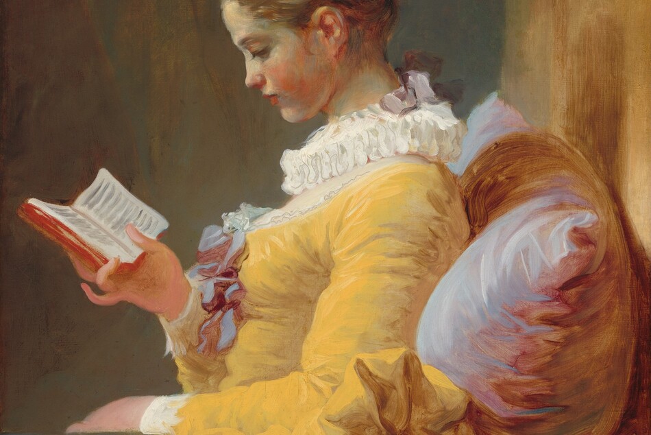 Shown from the lap up, a young woman with pale skin, wearing a goldenrod-yellow dress, sits reading a small book, facing our left in profile in this vertical painting. The deep, scooped neckline of her rich yellow gown is edged with lace and decorated with a mauve-purple bow at the bust. Her chest is covered by sheer white fabric under a ruffled, pleated collar. The ruff is tied at the back with another mauve bow, and a ribbon of the same color ties up her chestnut-brown hair. She has a delicate nose and rosebud mouth, and she tips her head down to read the book she holds in one hand. She sits against an oversize pillow streaked with pale lilac and deep rose pink. Her left arm, closer to us, is draped over a railing that extends across the width of the canvas. The background behind her is streaked with tan and muted teal blue. A vertical strip of light caramel brown along the right edge of the canvas suggests another wall against which the pillow rests. The artist’s loose, lively brushstrokes are visible throughout.
