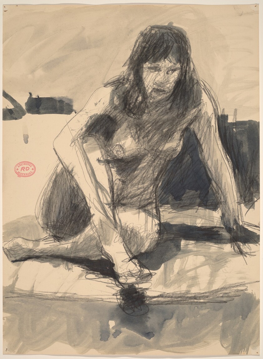 Untitled [female nude seated cross-legged and leaning on left arm]
