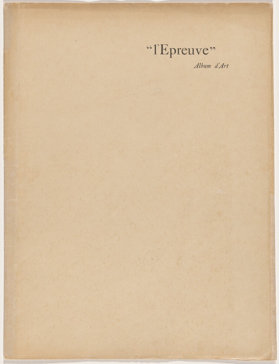 This is a photograph of a cover page. The page is a plain beige color with minimal text. The text is located in the upper right quadrant, printed in a serif font, and reads '"l'Epreuve" Album d'Art'. The cover exhibits a simple, minimalist design with no other text, images, or graphic elements present. The texture of the paper suggests it might be of a vintage or aged quality. The edges of the page are slightly worn.