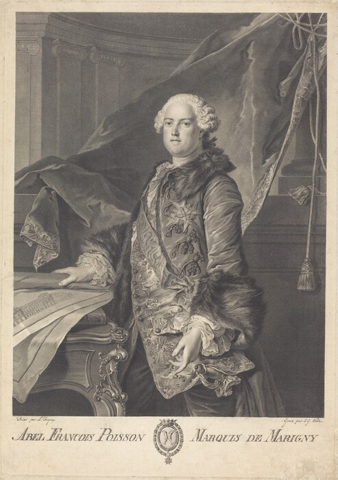 The image shows a man standing in a distinguished pose. He displays a strong gaze, high forehead, and well-defined cheekbones. His hair is styled in a formal, powdered manner typical of the 18th century. He wears richly decorated clothing with intricate embroidery and fur trim, including a sash and lace cuffs. His right hand rests on what appears to be an architectural drawing on an ornately carved table. In the background, heavy drapery is drawn in a formal setting, possibly indicating a grand interior or stage. A curtain with tassels hangs prominently, adding to the opulent atmosphere. The overall setting exudes an air of elegance and high status.