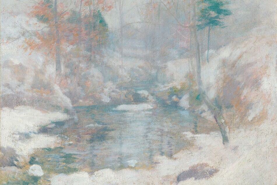 A stream meanders back through snowbanks in this wooded landscape, which is created entirely with cool, pale tones of white, gray, blue, lilac, and golden beige in this nearly square painting. Steep banks sloping toward the stream are mounded with snow. Touches of tan and pale pink suggest traces of foliage in some of the tree branches above. The paint is loosely applied so some brushstrokes are visible, creating a soft, hazy view of this scene.