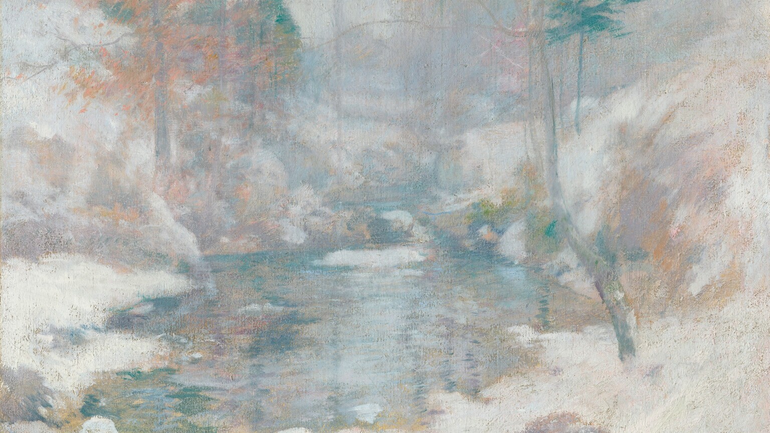 A stream meanders back through snowbanks in this wooded landscape, which is created entirely with cool, pale tones of white, gray, blue, lilac, and golden beige in this nearly square painting. Steep banks sloping toward the stream are mounded with snow. Touches of tan and pale pink suggest traces of foliage in some of the tree branches above. The paint is loosely applied so some brushstrokes are visible, creating a soft, hazy view of this scene.