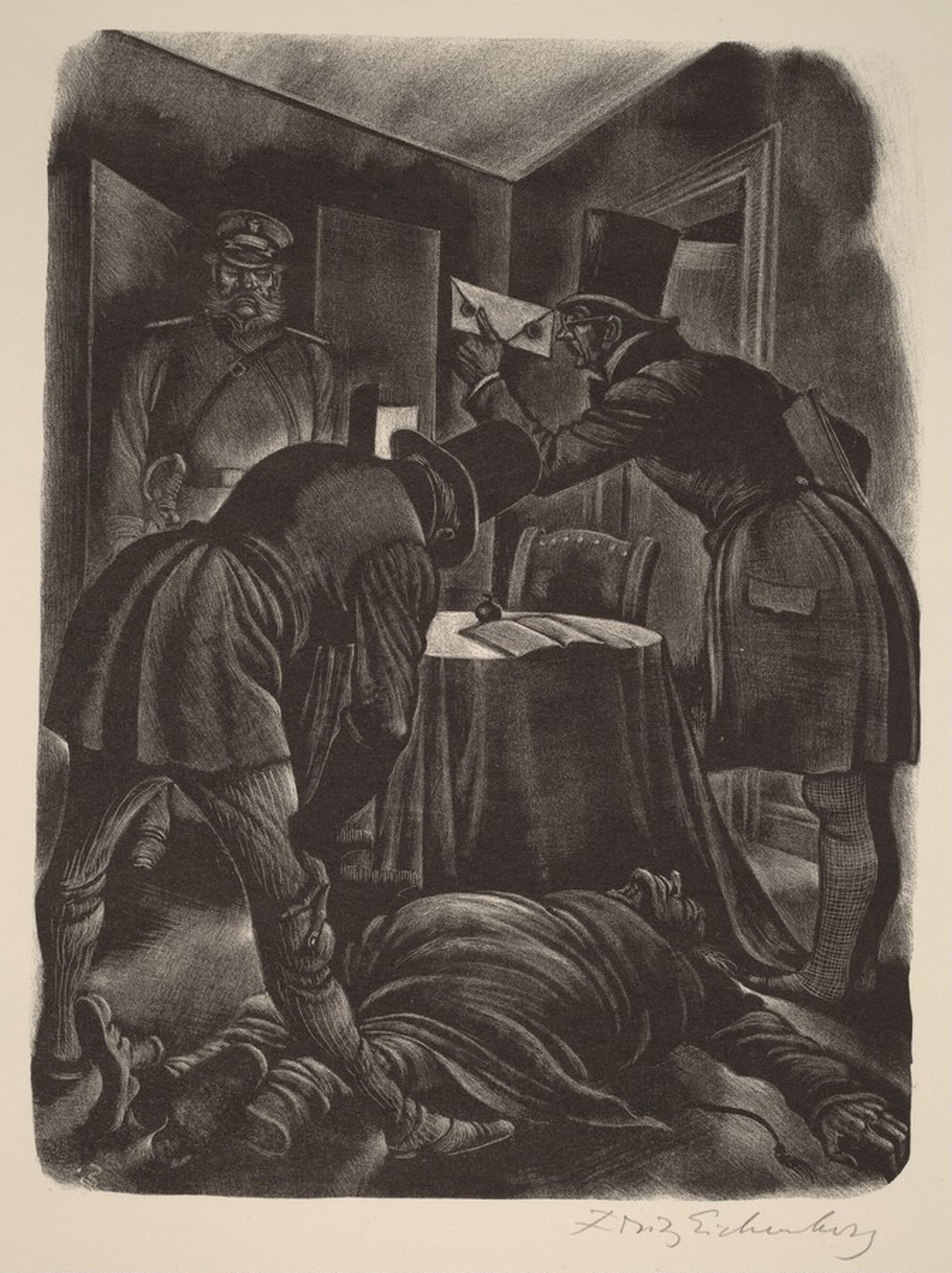 Quite Dead, with His Head Broken (Book IX: Preliminary Investigation, facing p.352), Fritz Eichenberg, 1949