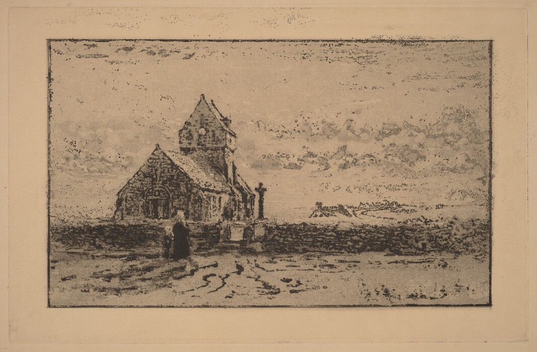 The image shows a building, possibly a church, on the left side with a pointed roof against a light sky. The horizon line is high, giving more space to the sky with sparse clouds. There are figures walking on a dirt path leading to the building. The color palette is muted with shades of beige and black dominating. Brush strokes create a textured effect, giving a rustic and serene quality to the landscape.