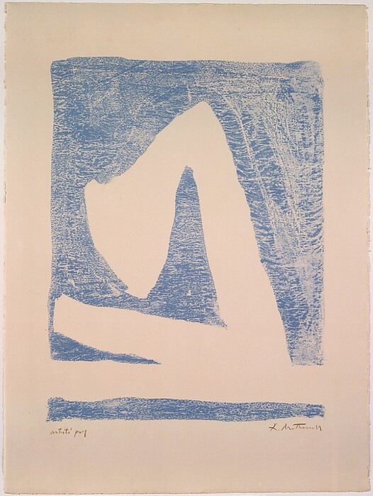The image depicts a bold, angular shape in blue against a textured background of varying intensities in a similar color. The central shape resembles an arch or a triangle. The surrounding texture consists of rough and smooth shapes, suggesting natural or weathered surfaces. The composition combines geometric lines and organic textures.