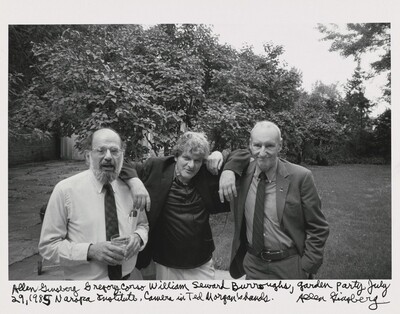 Allen Ginsberg Gregory Corso William Seward Burroughs, Garden Party July 29, 1985 Naropa Institute. Camera in Ted Morgan's hands, Allen Ginsberg, 1985