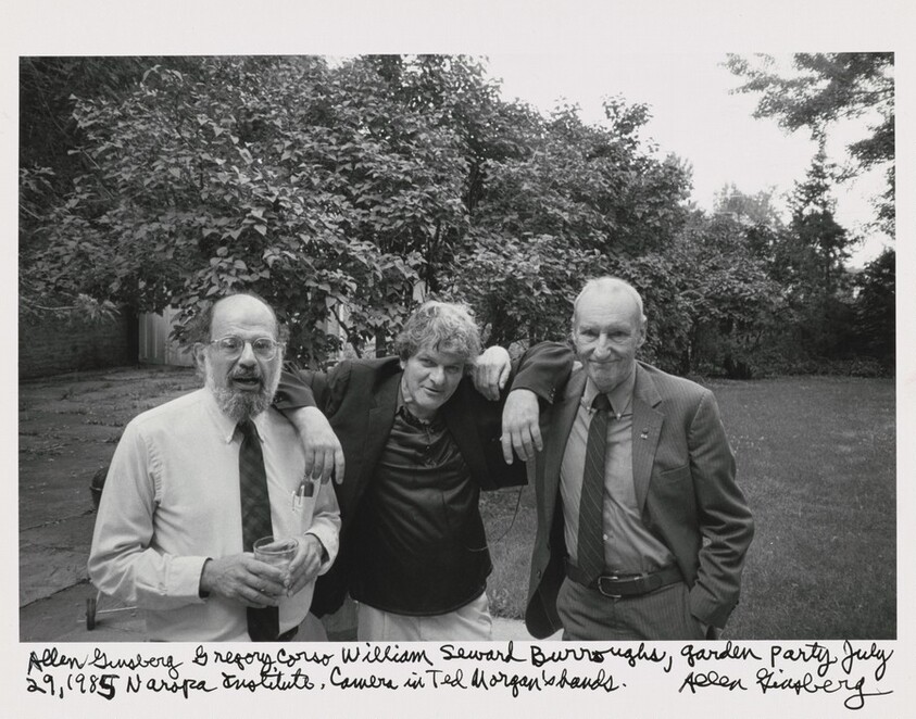 Allen Ginsberg Gregory Corso William Seward Burroughs, Garden Party July 29, 1985 Naropa Institute. Camera in Ted Morgan's hands
