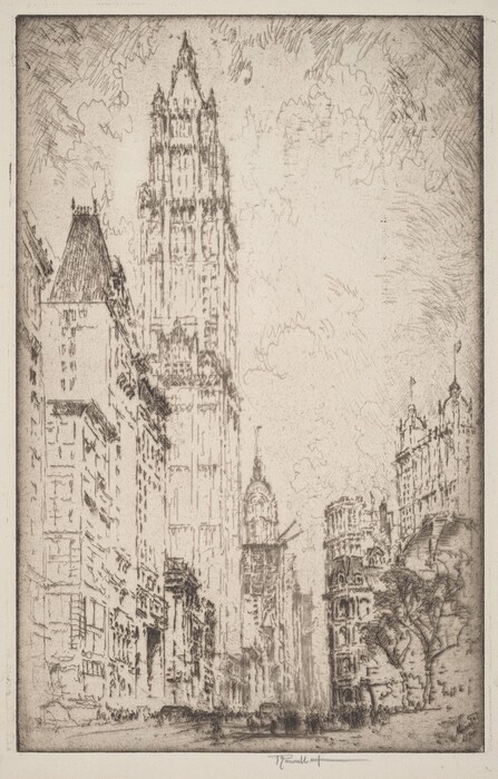 The image depicts a cityscape with towering skyscrapers. The viewpoint is from street level, looking up towards the buildings. The drawing features precise line work and intricate details of the architectural elements. The color palette is monochromatic, with shades of gray and sepia. Pedestrians and vehicles are suggested by small lines in the foreground. In the distance, the buildings become less detailed, stretching towards the sky textured with soft clouds.