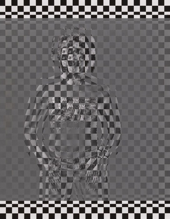 The image shows a person with a woven-like effect from their elbows to the top of their head. They are facing forward with hands on hips, curly hair, a patterned shirt, and jeans with multiple belts. The person's arms and hands have a disjointed visual due to the weaving pattern. They are against a checkerboard background.