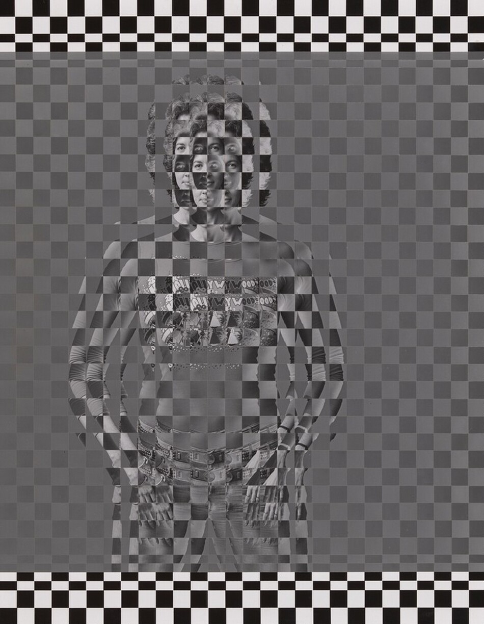 The image shows a person with a woven-like effect from their elbows to the top of their head. They are facing forward with hands on hips, curly hair, a patterned shirt, and jeans with multiple belts. The person's arms and hands have a disjointed visual due to the weaving pattern. They are against a checkerboard background.