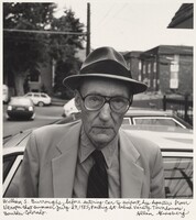 William S. Burroughs, before entering car to airport, his departure from Naropa that summer July 27, 1985, Parking lot behind Varsity Townhouses, Boulder Colorado., Allen Ginsberg, 1985