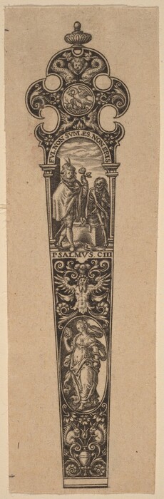 This is a drawing of a decorative panel with various motifs. The image showcases a vertically elongated panel adorned with intricate baroque designs. The top features elaborate scrollwork and a circular medallion with an eagle motif, framed by ornate scrolls and a crown-like ornament. Below is a scene with two figures, one holding a rose and the other holding a scythe. Further down is a majestic figure with a flowing beard and outstretched arms. The panel is labeled "PSALMUS CIII." At the bottom, a female figure with long flowing hair holds a mirror, surrounded by swirling floral and leaf motifs.