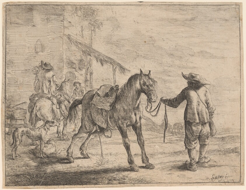 A Pissing Horse Held by a Man