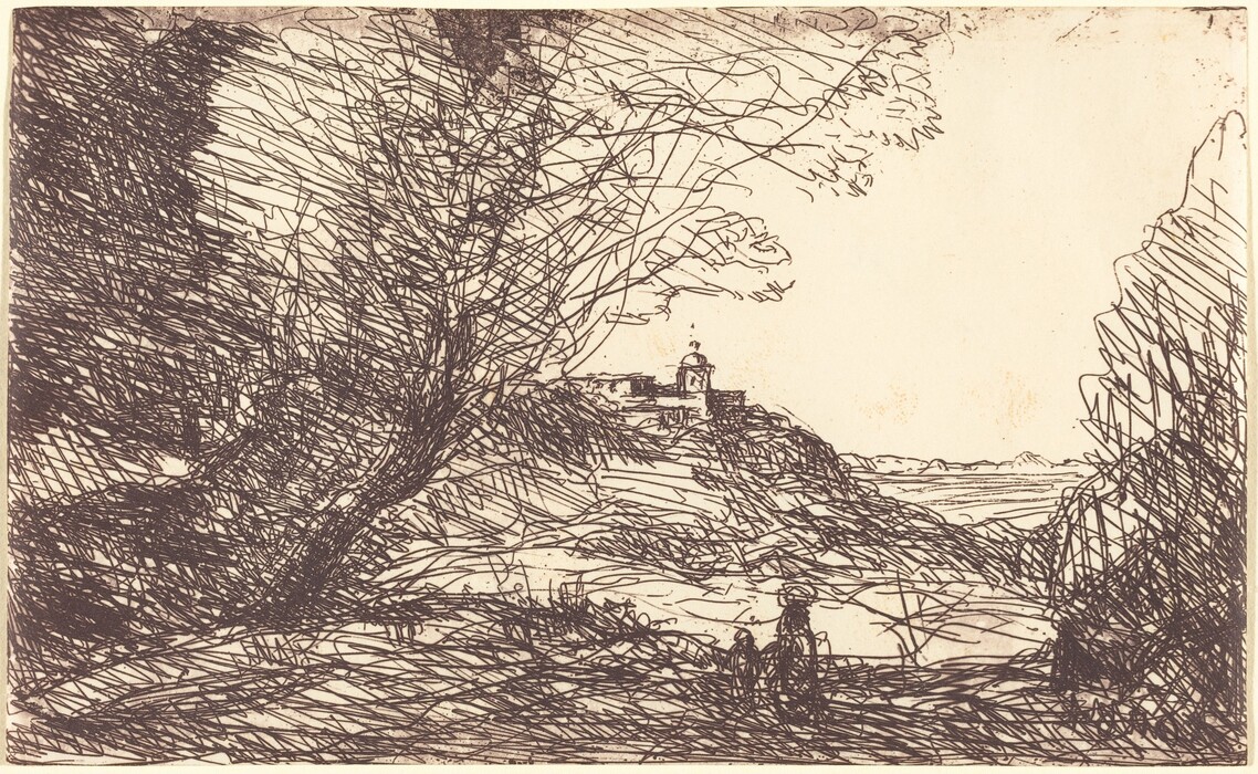 The image shows a landscape with dense foliage on the left side. In the middle, there is a structure on a rocky hill overlooking the water. The brushstrokes create a textured effect. The color palette is monochromatic with sepia tones. Two human figures stand on a path near the water.