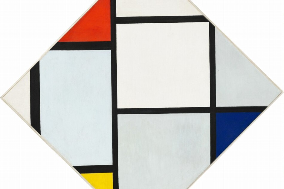 This abstract, geometric painting has been tipped on one corner to create a diamond form rather than a square. The surface of the canvas is crisscrossed by an irregular grid of black lines running vertically and horizontally like offset ladders. The black lines create squares and rectangles of different sizes, and the width of the lines vary slightly. One complete square sits at the center of the composition and is painted white. Other rectangles are incomplete, their corners sliced by the edge of the canvas, and each is a different shade of white with hints of pale blue and gray. The black grid creates triangular forms where it meets the angled edge of the canvas in some places, and some of these are filled with flat areas of color. A tomato-red triangle is placed to the left of the top center point, and a vibrant yellow triangle is to the left of the lower center point. A black triangle is next to it at the bottom center, and a cobalt-blue triangle is situated just below the right point. The painting is signed with the artist’s initials at the lower center: “PM.”