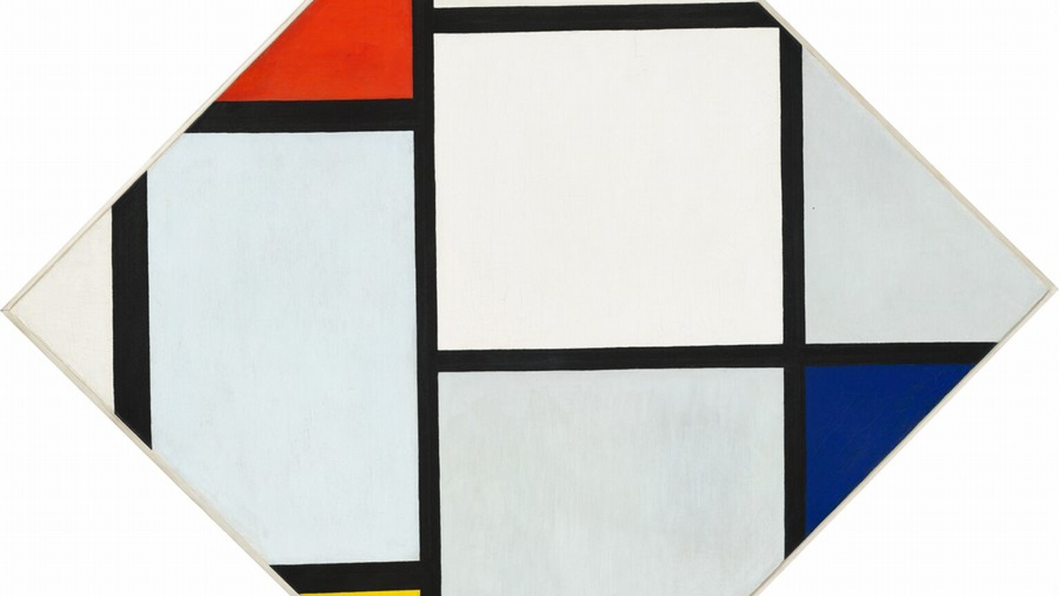 This abstract, geometric painting has been tipped on one corner to create a diamond form rather than a square. The surface of the canvas is crisscrossed by an irregular grid of black lines running vertically and horizontally like offset ladders. The black lines create squares and rectangles of different sizes, and the width of the lines vary slightly. One complete square sits at the center of the composition and is painted white. Other rectangles are incomplete, their corners sliced by the edge of the canvas, and each is a different shade of white with hints of pale blue and gray. The black grid creates triangular forms where it meets the angled edge of the canvas in some places, and some of these are filled with flat areas of color. A tomato-red triangle is placed to the left of the top center point, and a vibrant yellow triangle is to the left of the lower center point. A black triangle is next to it at the bottom center, and a cobalt-blue triangle is situated just below the right point. The painting is signed with the artist’s initials at the lower center: “PM.”