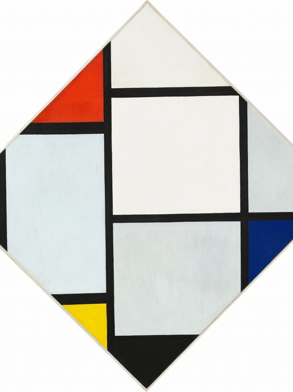 This abstract, geometric painting has been tipped on one corner to create a diamond form rather than a square. The surface of the canvas is crisscrossed by an irregular grid of black lines running vertically and horizontally like offset ladders. The black lines create squares and rectangles of different sizes, and the width of the lines vary slightly. One complete square sits at the center of the composition and is painted white. Other rectangles are incomplete, their corners sliced by the edge of the canvas, and each is a different shade of white with hints of pale blue and gray. The black grid creates triangular forms where it meets the angled edge of the canvas in some places, and some of these are filled with flat areas of color. A tomato-red triangle is placed to the left of the top center point, and a vibrant yellow triangle is to the left of the lower center point. A black triangle is next to it at the bottom center, and a cobalt-blue triangle is situated just below the right point. The painting is signed with the artist’s initials at the lower center: “PM.”