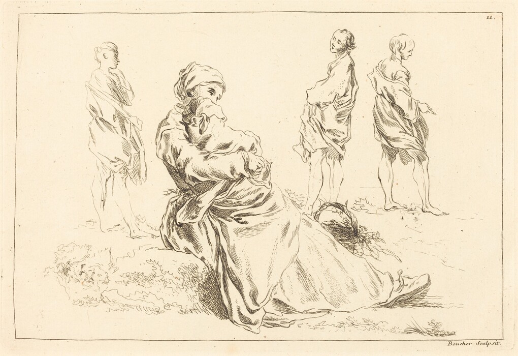 The image shows an etching of four figures. The central figure is seated, while three figures stand to the right. The figures are draped in loose fabric, with abstract shapes suggesting grass and foliage in the background. There are no noticeable jewelry or objects, aside from the garments and a small basket near the seated figure. The figures are depicted without detailed facial features, focusing on form and posture.
