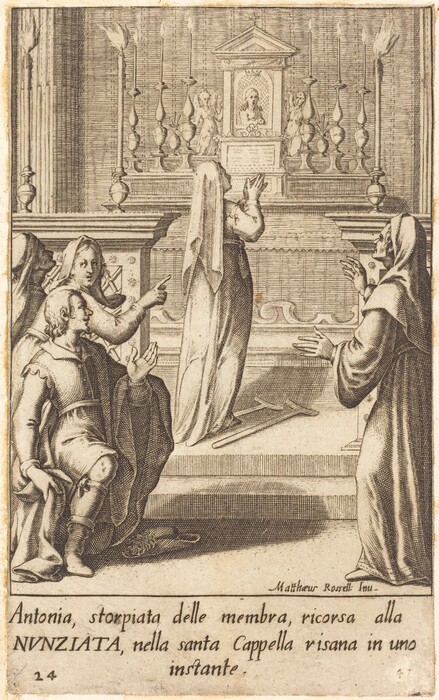 This is a drawing of a religious scene inside a chapel. The image depicts a detailed interior with an altar in the background adorned with tall candlesticks and a central religious icon or sculpture. The foreground has several figures in flowing garments, gesturing and positioned in various stances. Some crutches are placed on the floor. The figures are intricately detailed with careful attention to drapery and texture. There is also an inscription in Italian below the image.