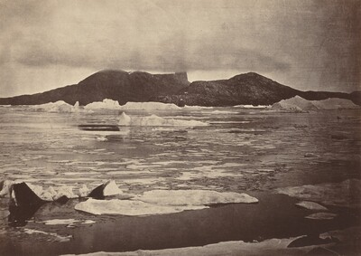 The Arctic Regions: No. 92.* The Devil's Thumb partially enveloped in a fog, with the first of the drift Ice from the pack, which was being forced towards the land, from which we escaped through a narrow lead; had we been hemmed in, we should have had to winter there