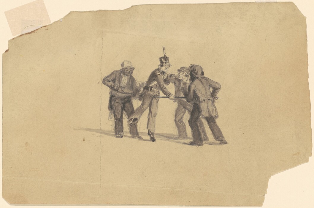 This is a drawing of four figures interacting in a confrontational manner. The figures are engaged in a tense scene, where two figures on the left and right each hold a pole that crosses the body of a central figure dressed in military uniform. The central figure appears to be off balance, suggesting motion or struggle. The figures are drawn with detailed and expressive lines. The muted palette and loose sketch style focus attention on the figures' movement and expressions.