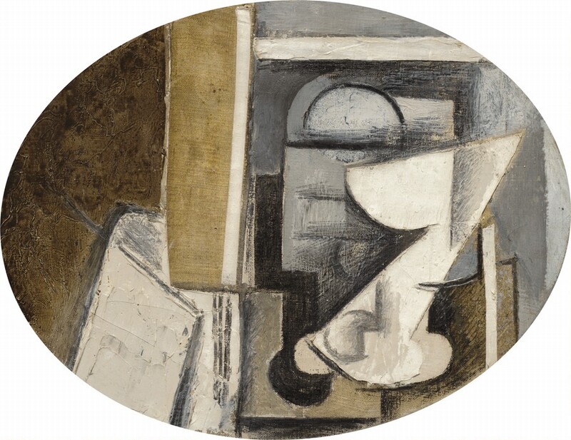 Rounded and angular shapes are painted with areas of mottled white, tan, gray, and brown in this abstracted, oval still-life painting. The shapes would be difficult to interpret without the painting's title, which is "A Glass on a Table." A white shape with a rounded bowl, an angled stem, and flaring foot could be the glass. Other objects are layered behind it, but it is hard to tell if we look down onto a table or into a cabinet, or both. A white rectangle to our left could be a folded newspaper.
