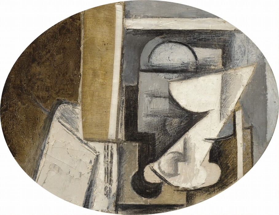 Rounded and angular shapes are painted with areas of mottled white, tan, gray, and brown in this abstracted, oval still-life painting. The shapes would be difficult to interpret without the painting's title, which is "A Glass on a Table." A white shape with a rounded bowl, an angled stem, and flaring foot could be the glass. Other objects are layered behind it, but it is hard to tell if we look down onto a table or into a cabinet, or both. A white rectangle to our left could be a folded newspaper.