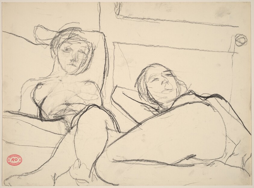 Untitled [two female nudes reclining before a door]