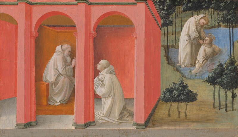 Two men are situated inside a coral-red building that fills the left two-thirds of this composition, and two men are shown in a body of water in a landscape to our right in this horizontal painting. The building recedes sharply into the space of the landscape without seeming to be part of it, and the men in the water seem a little too large in relation to the pool, trees, and the building to our left. The men all have pale skin and wear ivory-white robes. The red, arched building spans the entire height of the painting. Inside, a bearded man with a halo sits on a bench facing our right in profile as he holds up his right hand toward the cleanshaven man kneeling in front of him. Short, gold rays emanate from the younger man’s shoulders as he looks up at the older man with his hands tucked into his voluminous sleeves. In the landscape to our right, the two people both have blond hair and halos. One, either a man or a younger boy, seems to kneel in the pool, filling a pitcher with water. He turns to look toward the man standing behind him, who leans over and touches his shoulders. Trees with triangular canopies of dark green leaves have thin, spindly trunks placed regularly across the background with a few on the grassy ground closer to us.