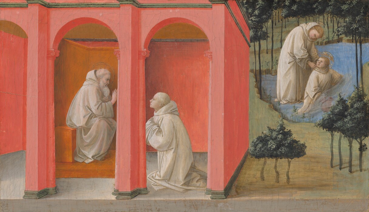 Two men are situated inside a coral-red building that fills the left two-thirds of this composition, and two men are shown in a body of water in a landscape to our right in this horizontal painting. The building recedes sharply into the space of the landscape without seeming to be part of it, and the men in the water seem a little too large in relation to the pool, trees, and the building to our left. The men all have pale skin and wear ivory-white robes. The red, arched building spans the entire height of the painting. Inside, a bearded man with a halo sits on a bench facing our right in profile as he holds up his right hand toward the cleanshaven man kneeling in front of him. Short, gold rays emanate from the younger man’s shoulders as he looks up at the older man with his hands tucked into his voluminous sleeves. In the landscape to our right, the two people both have blond hair and halos. One, either a man or a younger boy, seems to kneel in the pool, filling a pitcher with water. He turns to look toward the man standing behind him, who leans over and touches his shoulders. Trees with triangular canopies of dark green leaves have thin, spindly trunks placed regularly across the background with a few on the grassy ground closer to us.