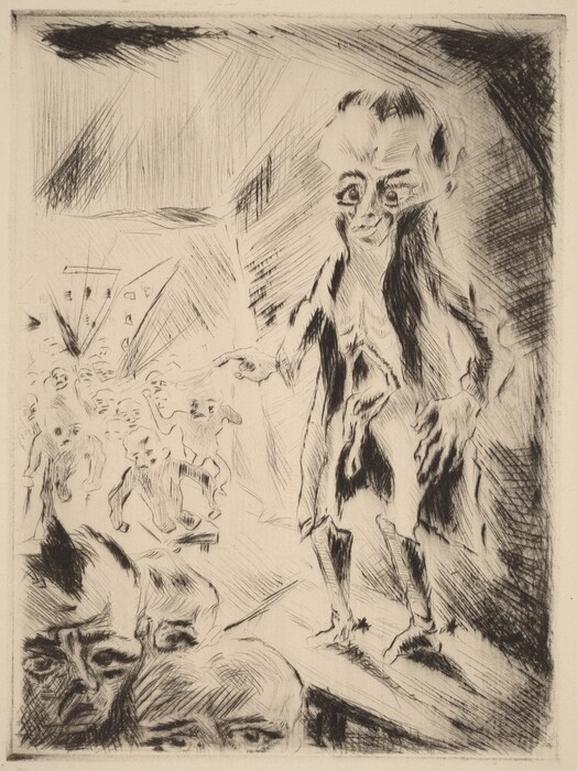 The image shows an elongated figure with exaggerated facial features, including large eyes and a high forehead, standing with one hand gesturing forward. The person is dressed in a long, tattered robe and the hair is dark and swept back. Surrounding the figure are smaller sketchy figures, and the background is filled with lines and abstract forms.